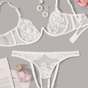 White Underwire Mesh Embroidery Lingerie Set